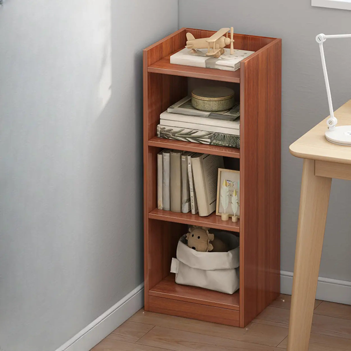 Minimalist Vertical Corner Wood Narrow Bookcase White Image - 10