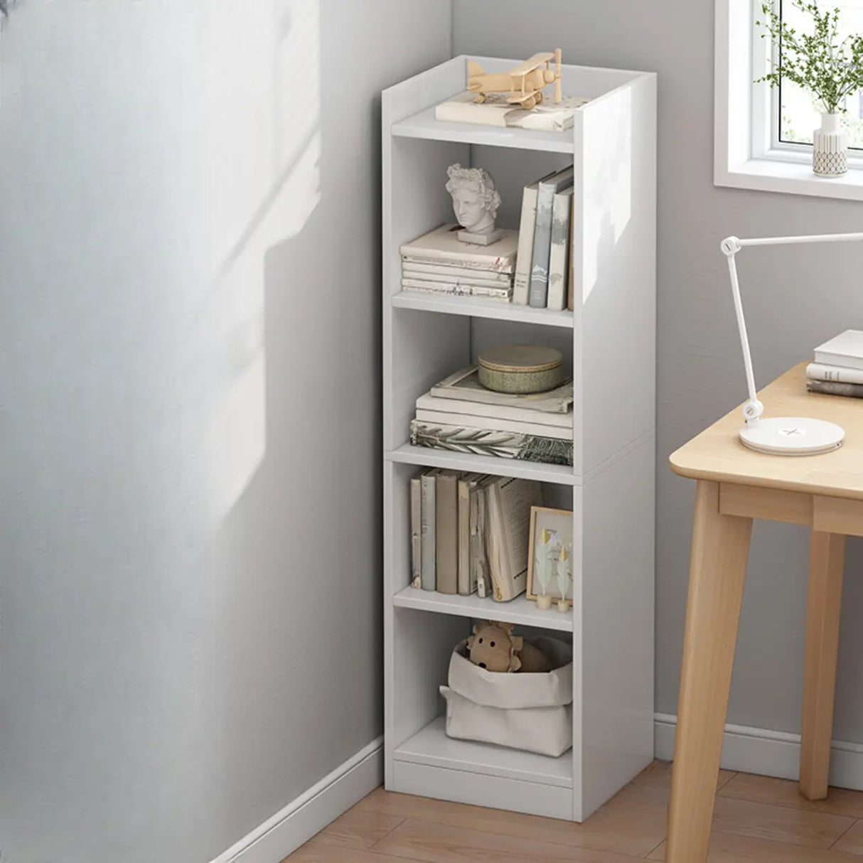 Minimalist Vertical Corner Wood Narrow Bookcase White Image - 11