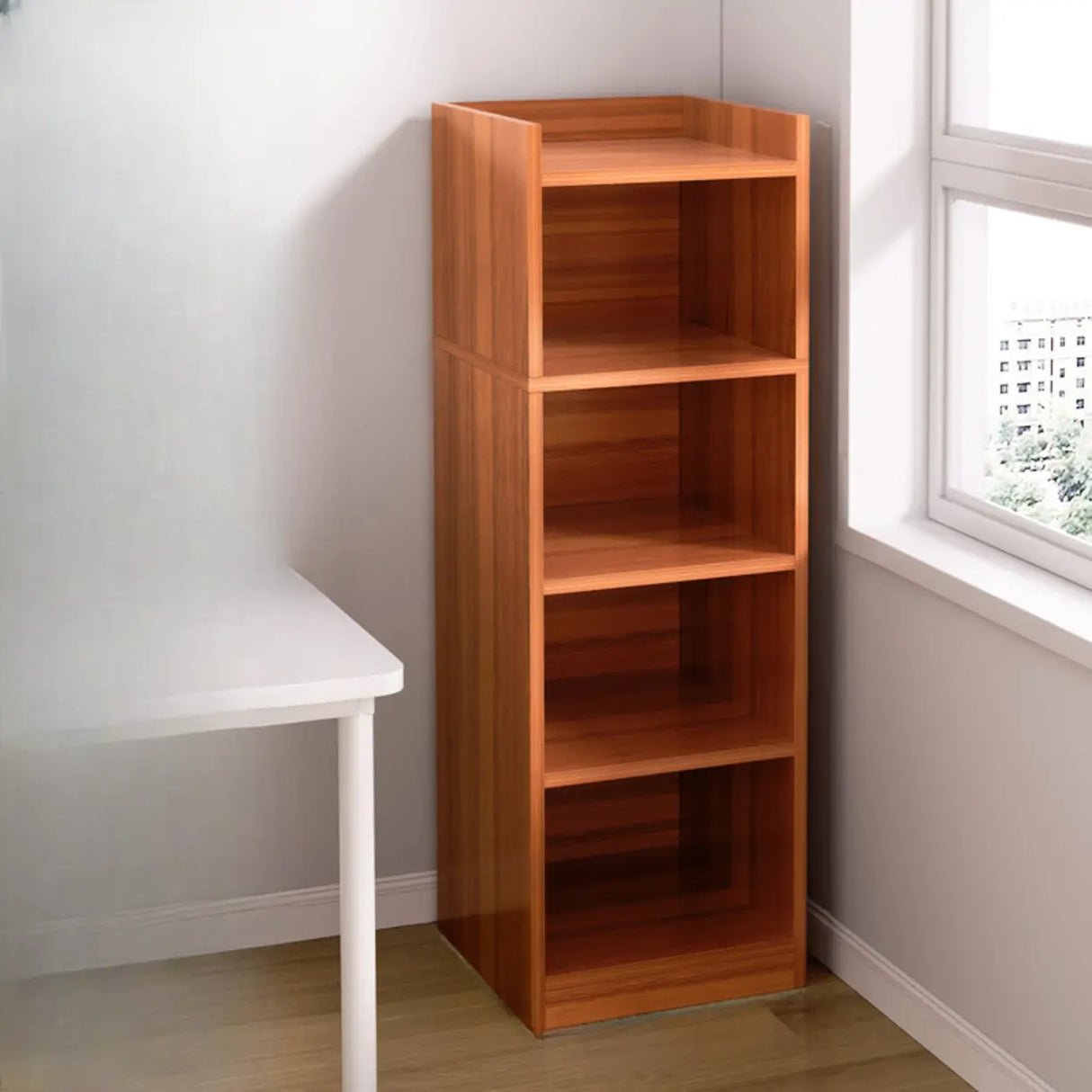 Minimalist Vertical Corner Wood Narrow Bookcase White Image - 12