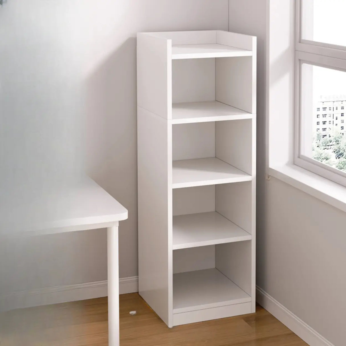 Minimalist Vertical Corner Wood Narrow Bookcase White Image - 13