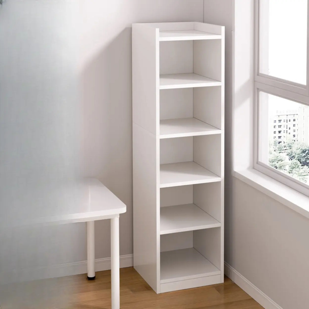 Minimalist Vertical Corner Wood Narrow Bookcase White Image - 14