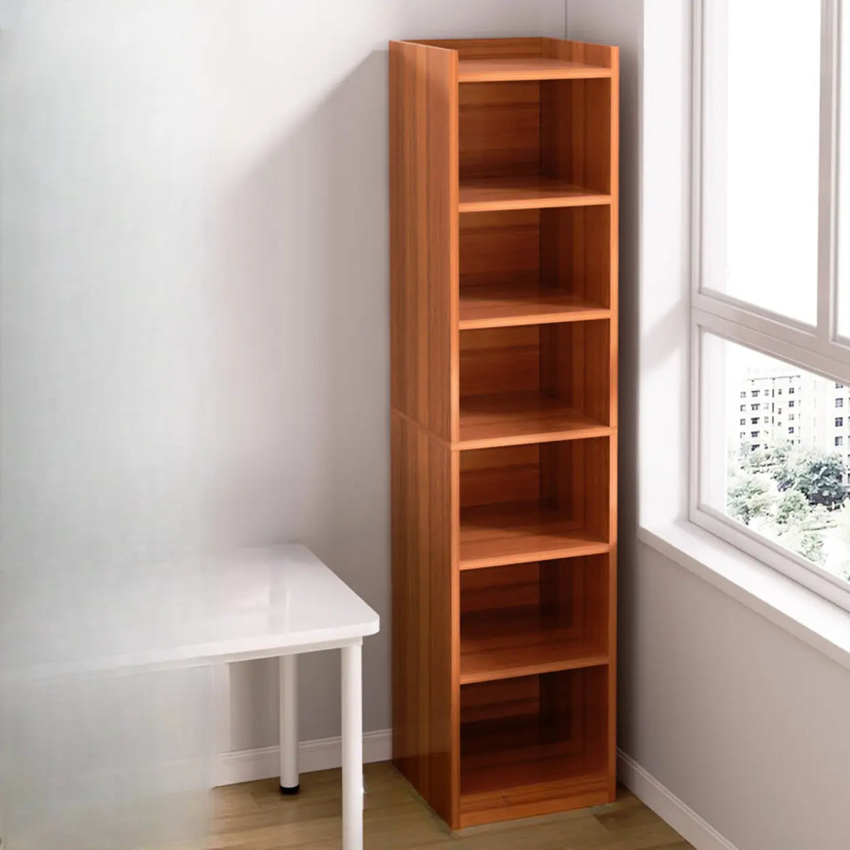 Minimalist Vertical Corner Wood Narrow Bookcase White Image - 16