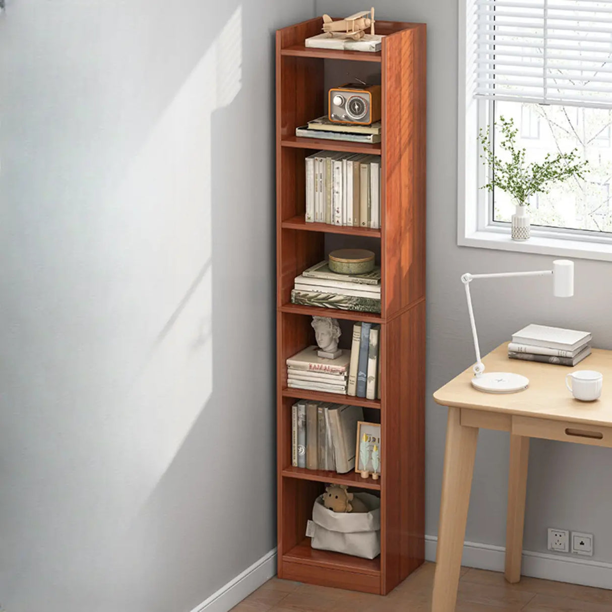 Minimalist Vertical Corner Wood Narrow Bookcase White Image - 2