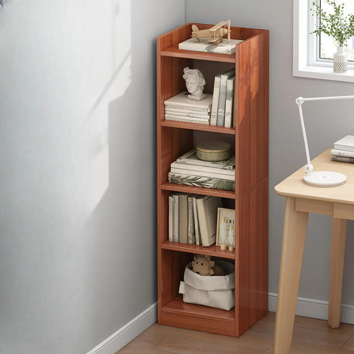 Minimalist Vertical Corner Wood Narrow Bookcase White Image - 3