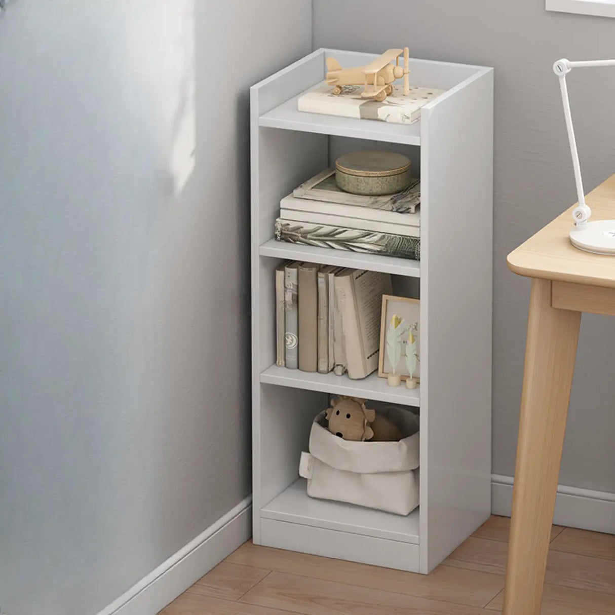 Minimalist Vertical Corner Wood Narrow Bookcase White Image - 4
