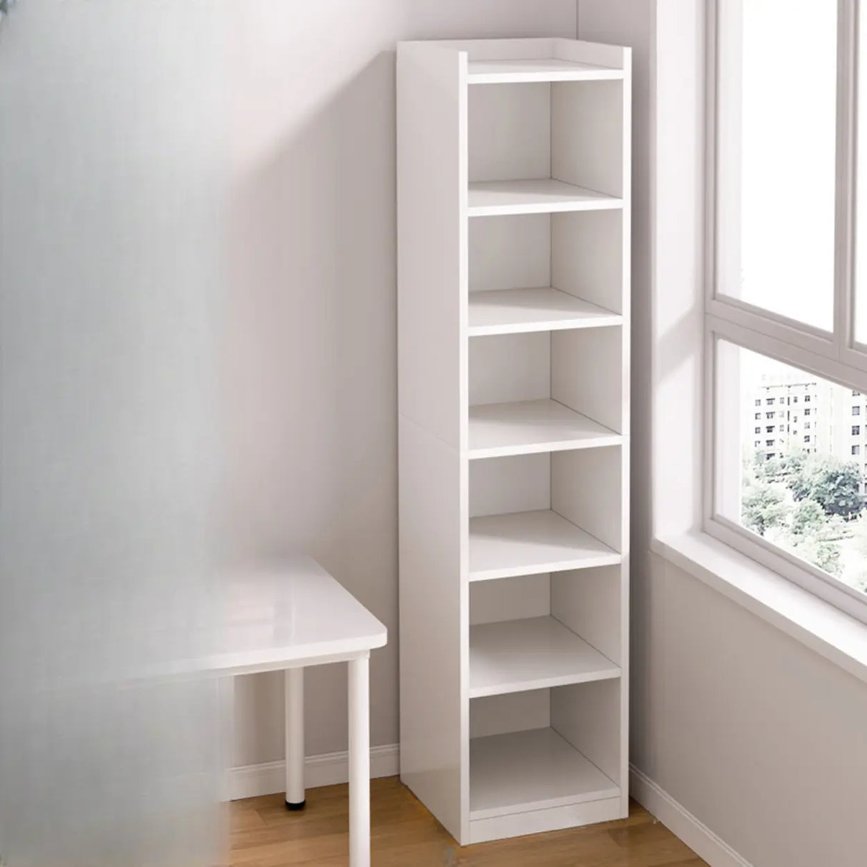 Minimalist Vertical Corner Wood Narrow Bookcase White Image - 5