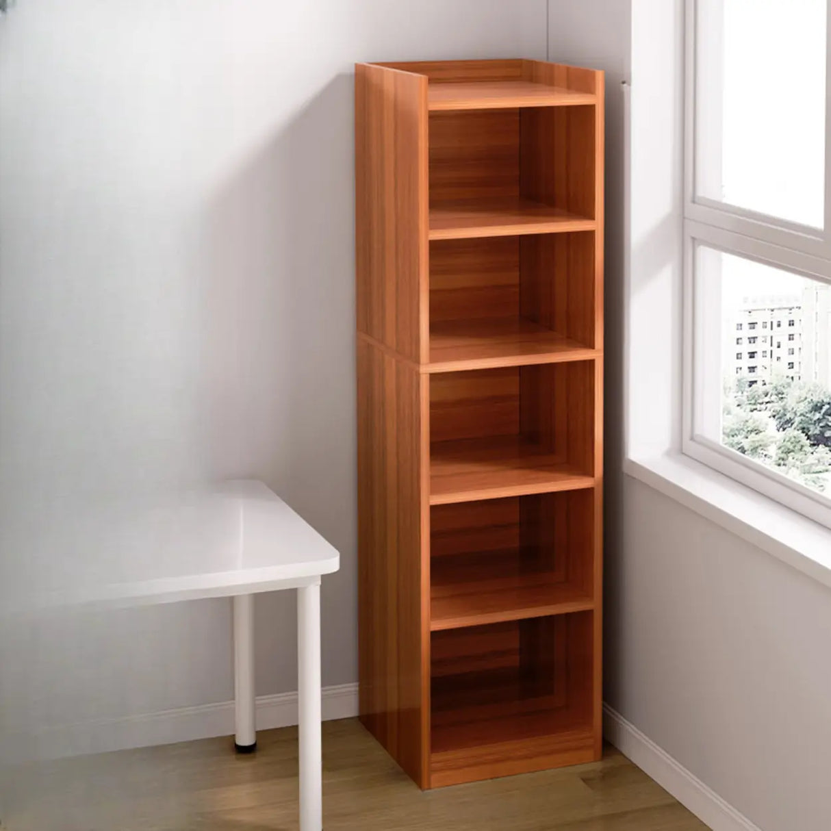 Minimalist Vertical Corner Wood Narrow Bookcase White Image - 7
