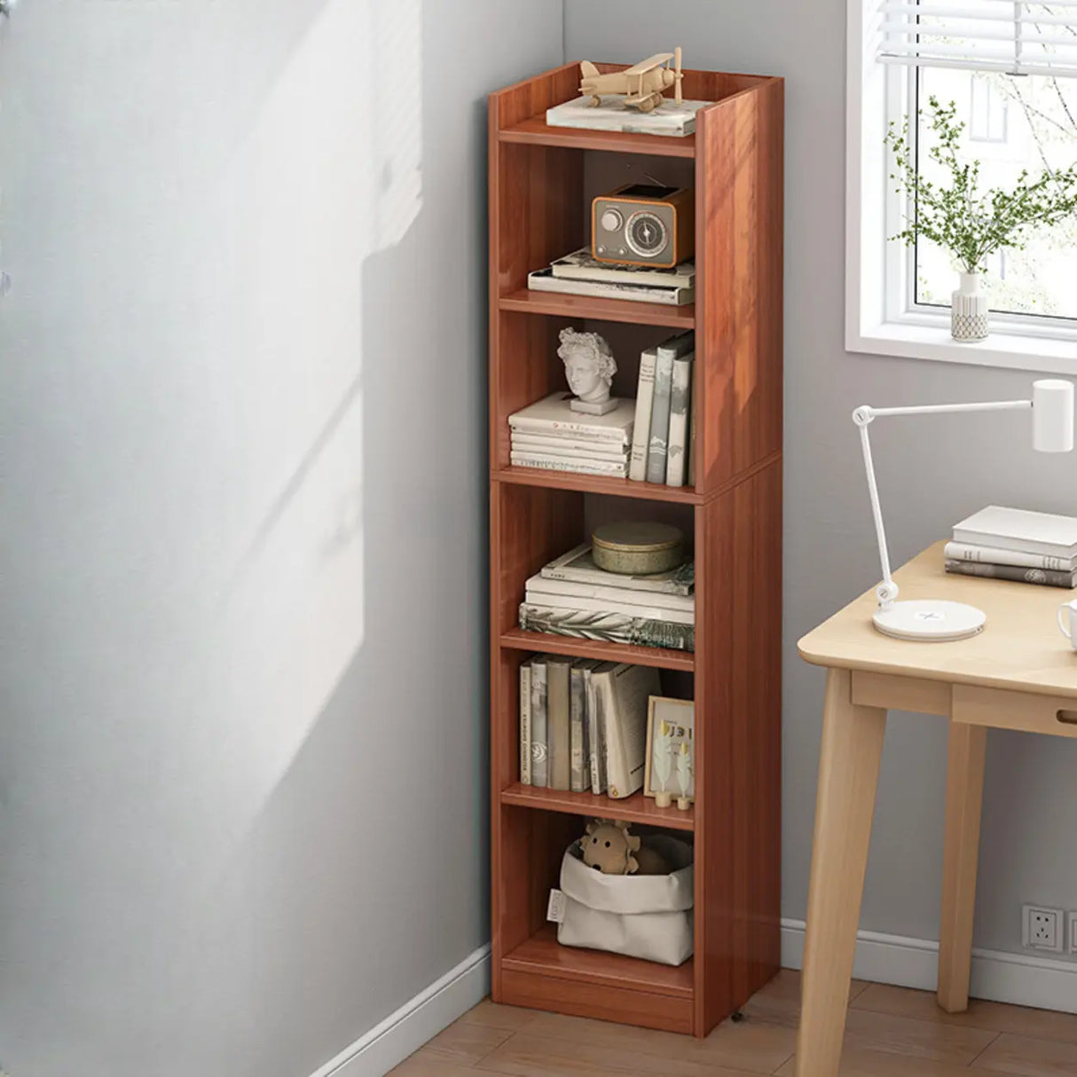 Minimalist Vertical Corner Wood Narrow Bookcase White Image - 9