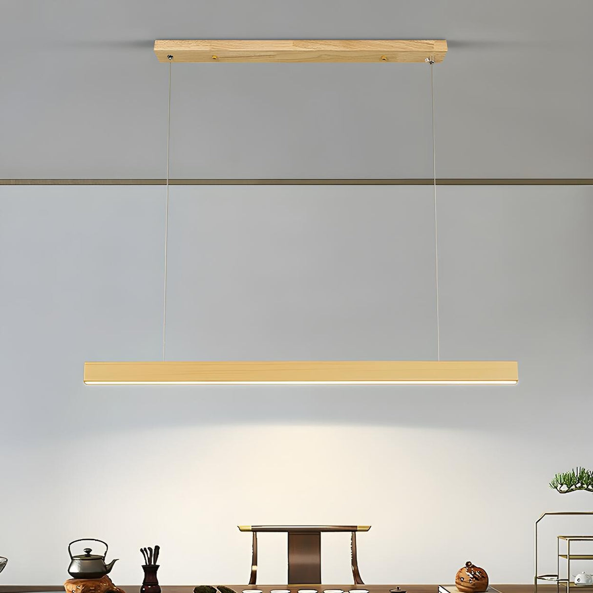 Minimalist Walnut Wooden Linear Island Pendant Light Image - 8