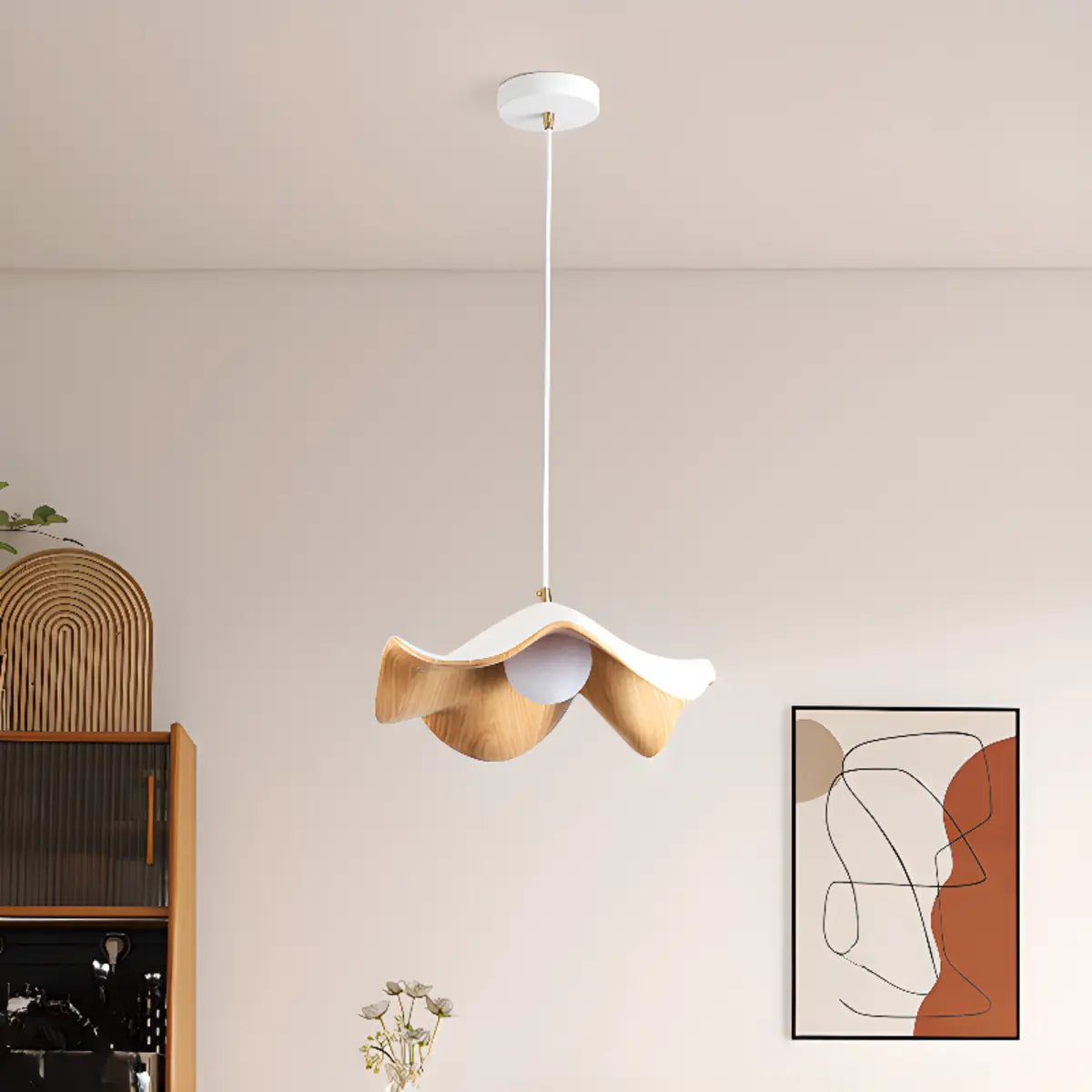 Minimalist Wave Flower Wood and White Resin Pendant Light Image - 1