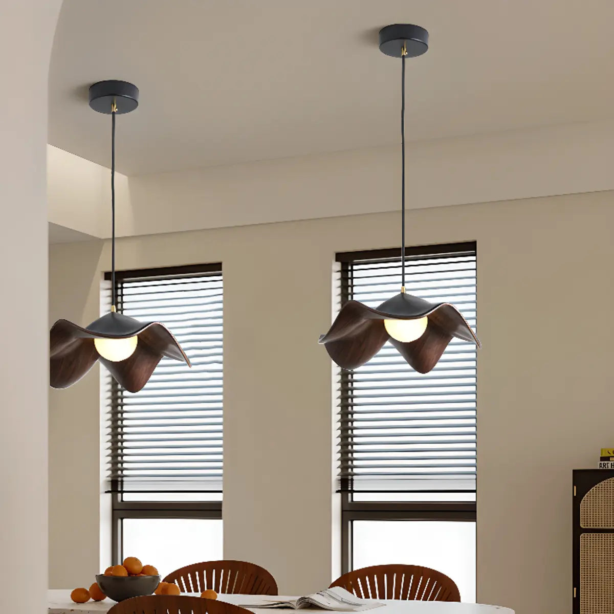 Minimalist Wave Flower Wood and White Resin Pendant Light Image - 2