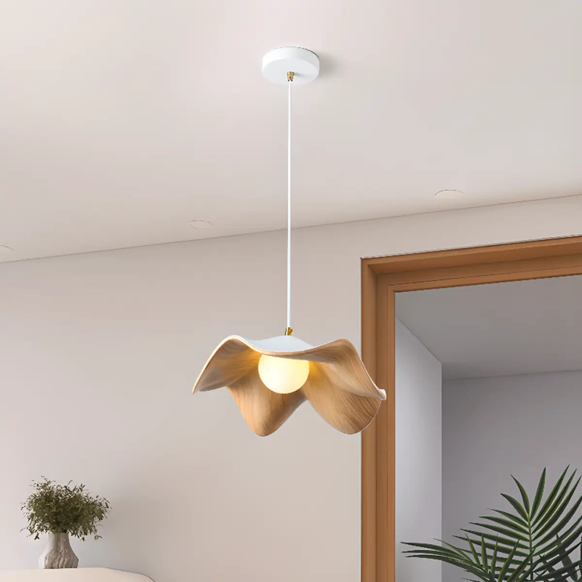 Minimalist Wave Flower Wood and White Resin Pendant Light Image - 3