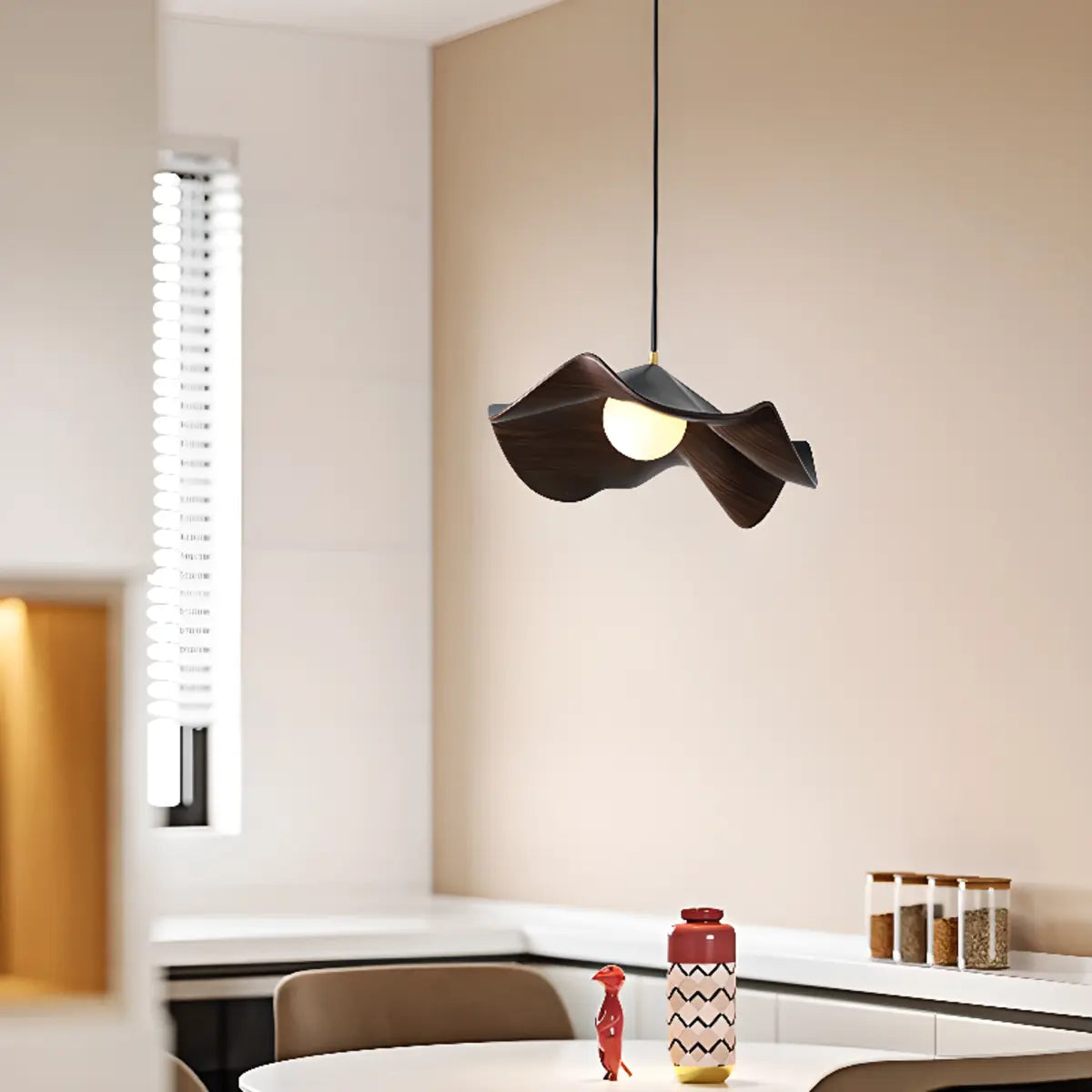 Minimalist Wave Flower Wood and White Resin Pendant Light Image - 6