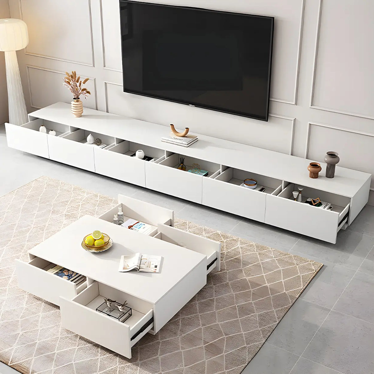 Minimalist White Finish Wooden TV Stand with Drawers Image - 7