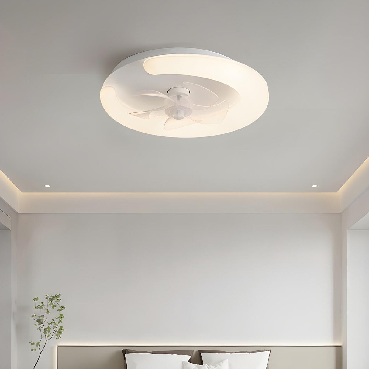 Minimalist White Ring Flush LED Ceiling Fan with Light Image - 12