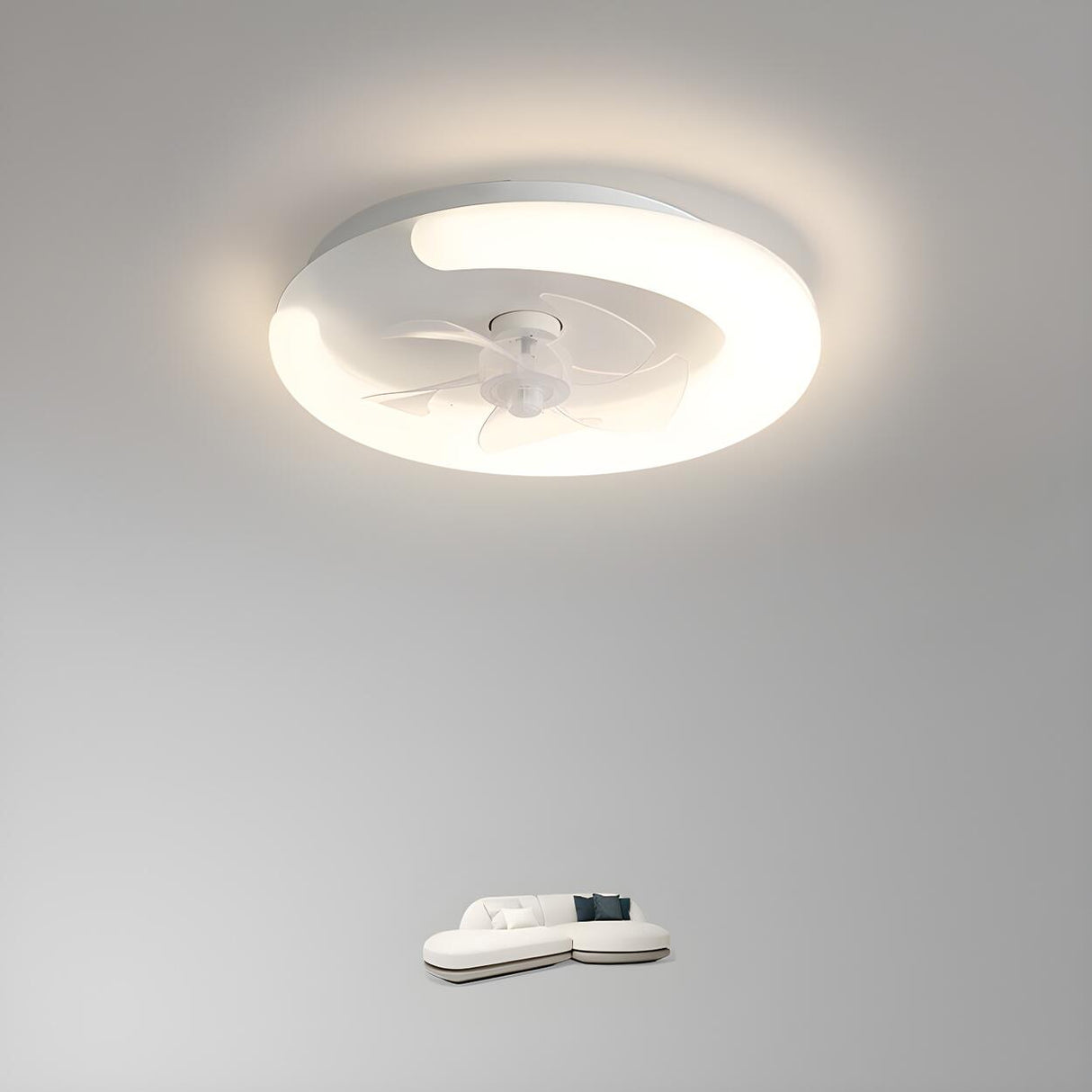 Minimalist White Ring Flush LED Ceiling Fan with Light Image - 13