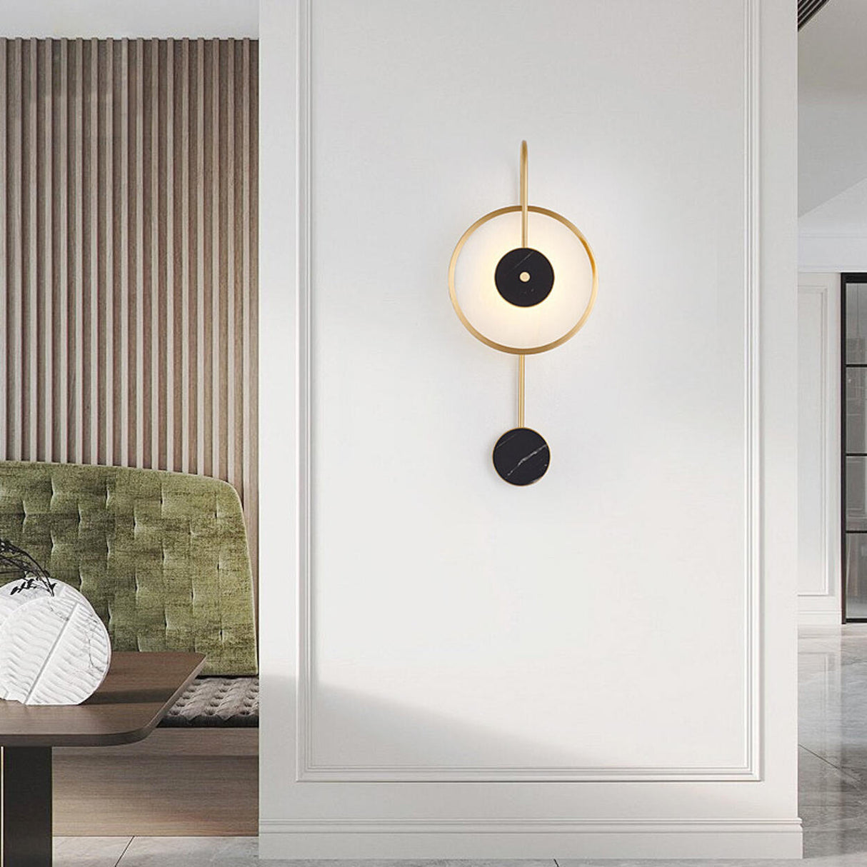 Minimalist White Stone Gold Geometric Wall Sconce Image - 1