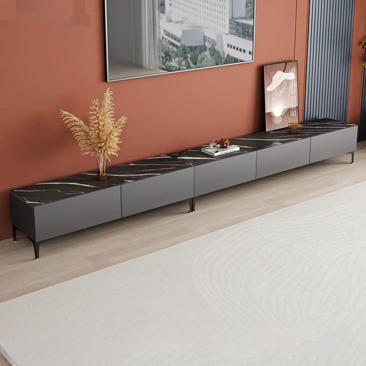 Minimalist White Wood Rectangular TV Stand with Cabinet Image - 10