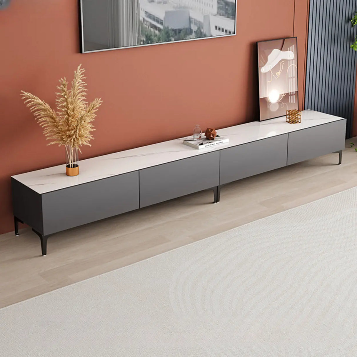 Minimalist White Wood Rectangular TV Stand with Cabinet Image - 6