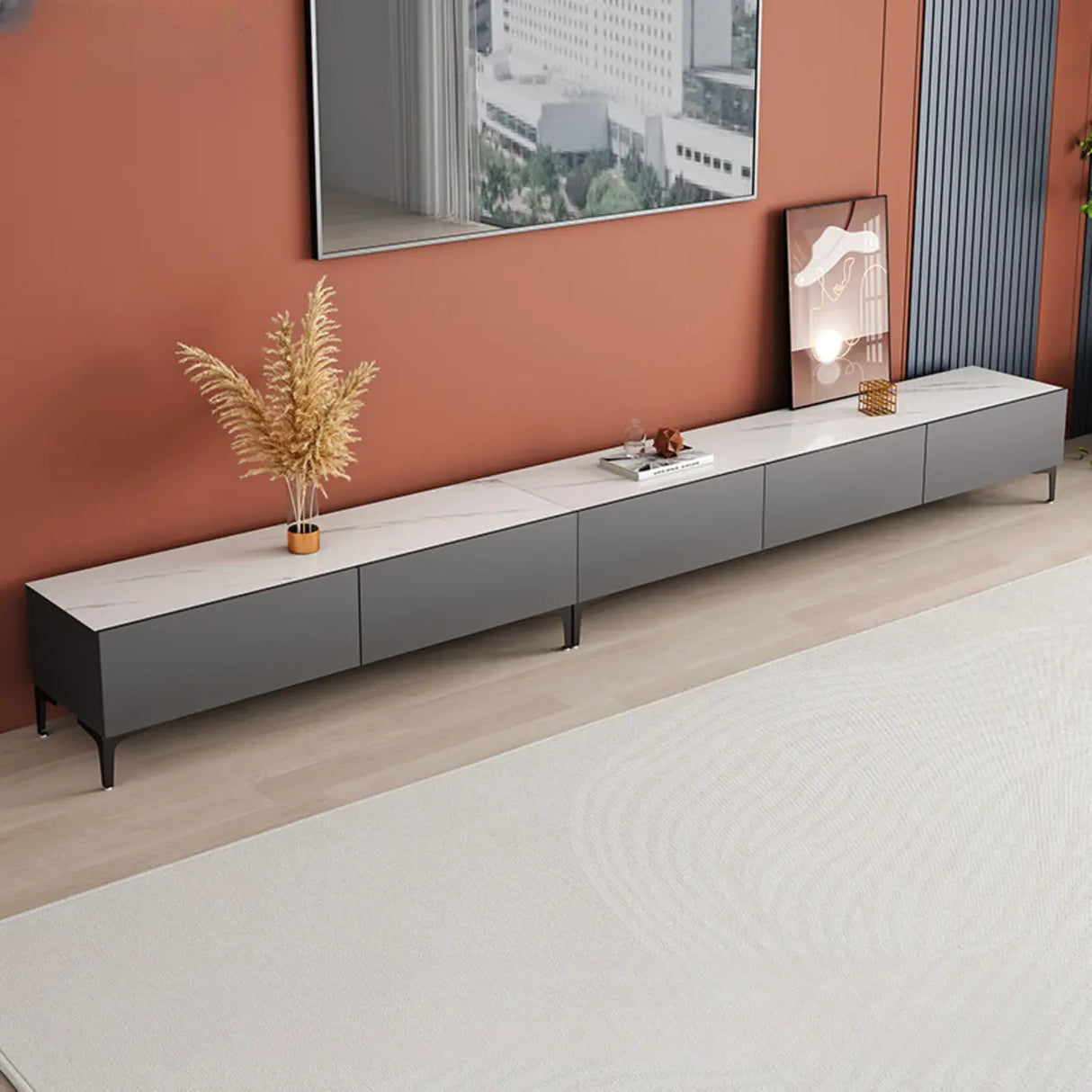 Minimalist White Wood Rectangular TV Stand with Cabinet Image - 7