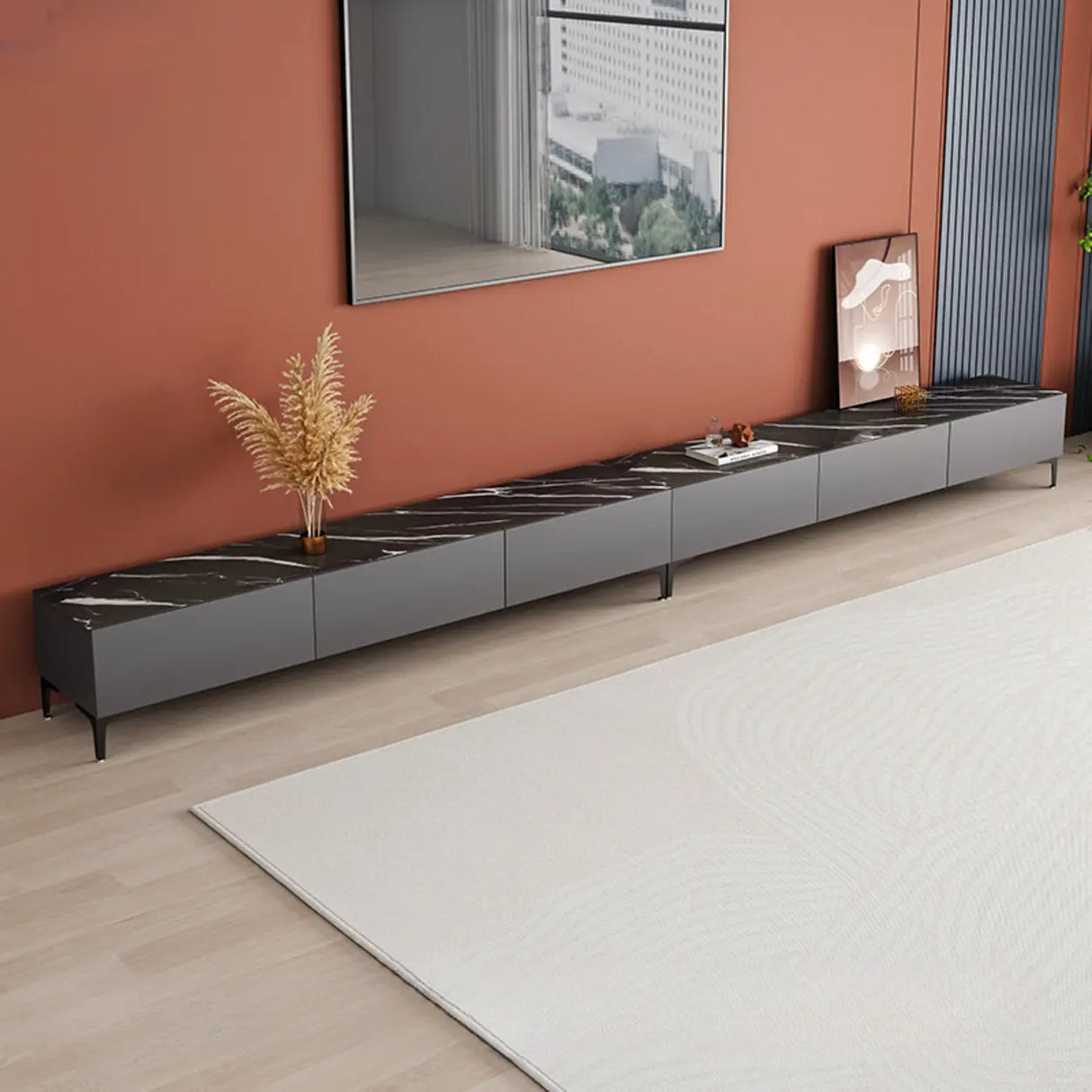 Minimalist White Wood Rectangular TV Stand with Cabinet Image - 9