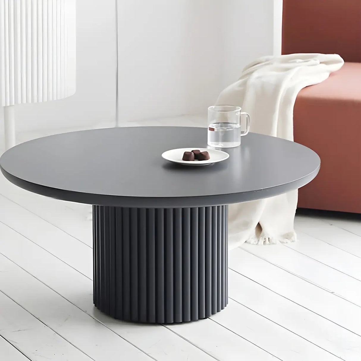 Minimalist Wood Round Iron Pedestal Base Coffee Table Image - 1