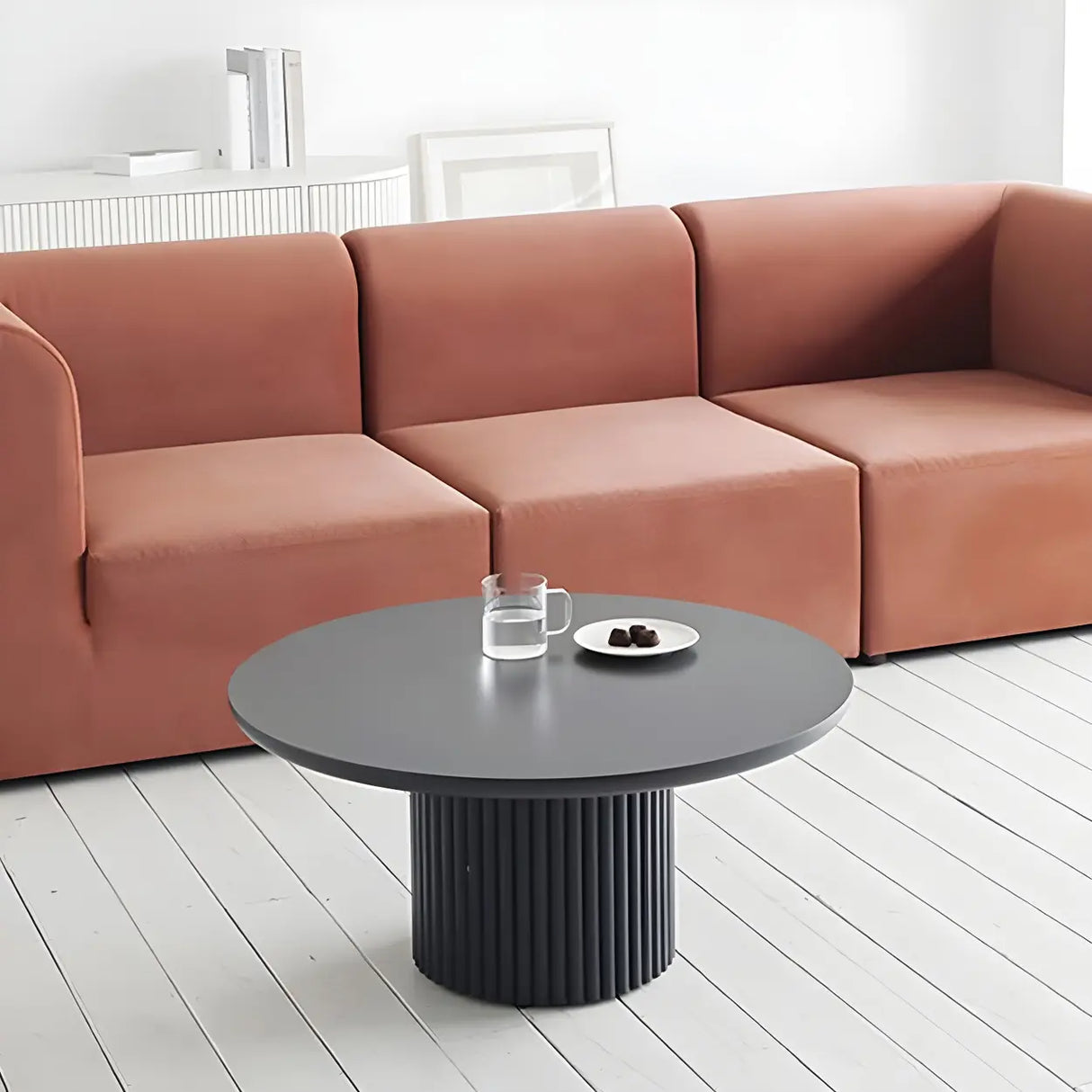 Minimalist Wood Round Iron Pedestal Base Coffee Table Image - 2