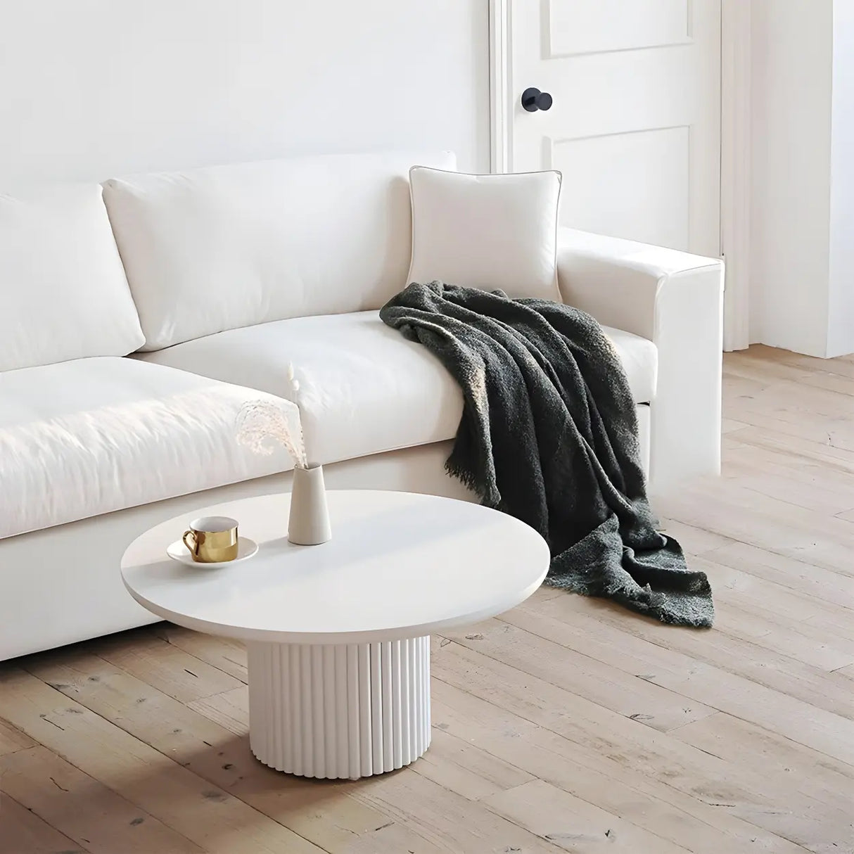 Minimalist Wood Round Iron Pedestal Base Coffee Table Image - 3