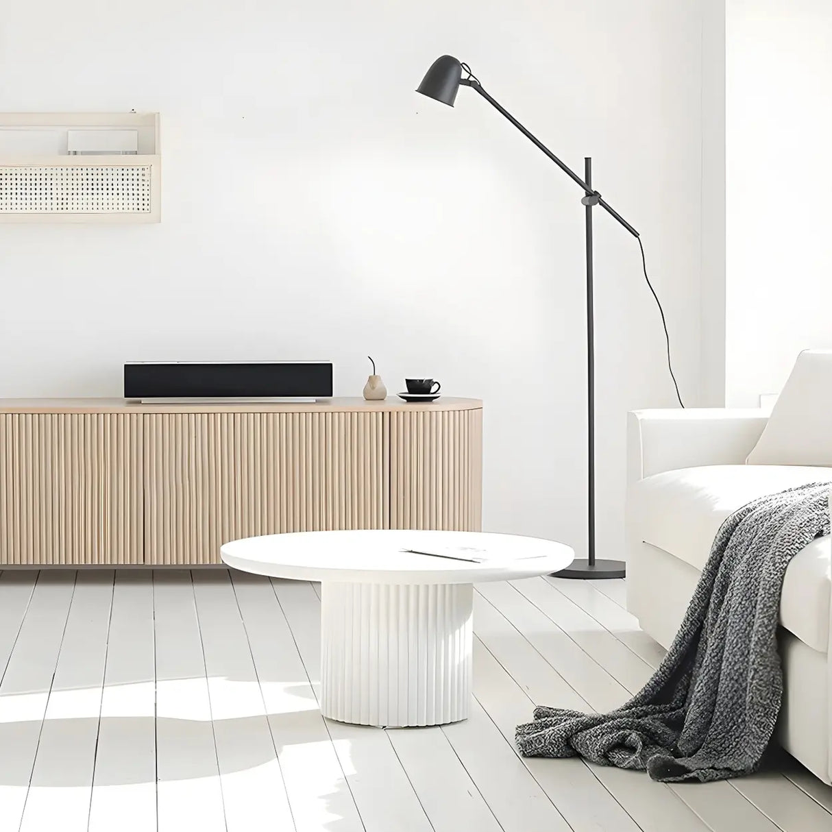 Minimalist Wood Round Iron Pedestal Base Coffee Table Image - 4