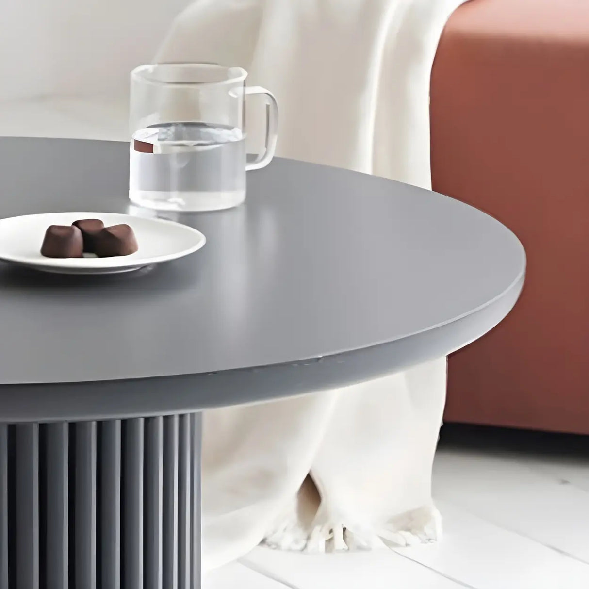 Minimalist Wood Round Iron Pedestal Base Coffee Table Image - 7