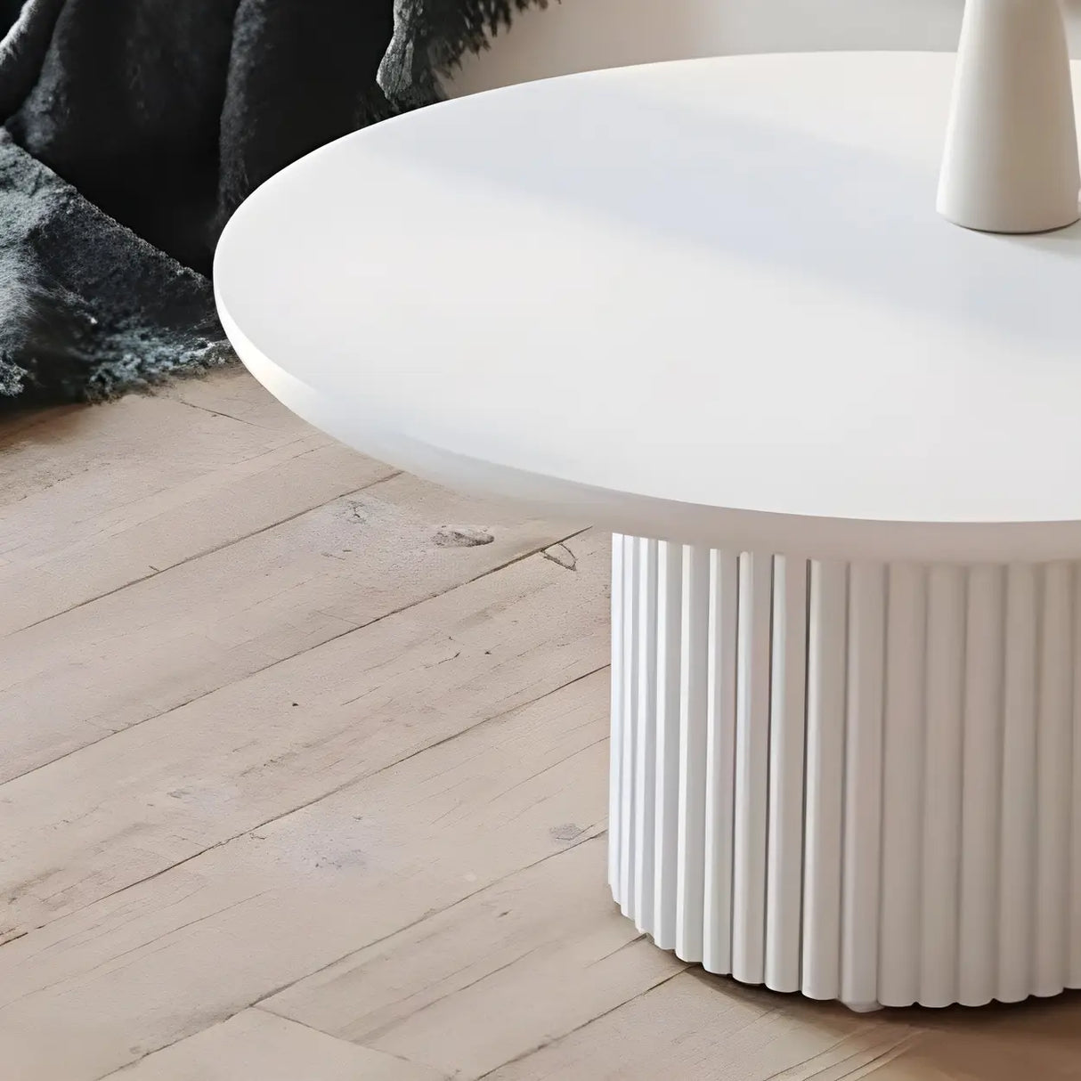Minimalist Wood Round Iron Pedestal Base Coffee Table Image - 8