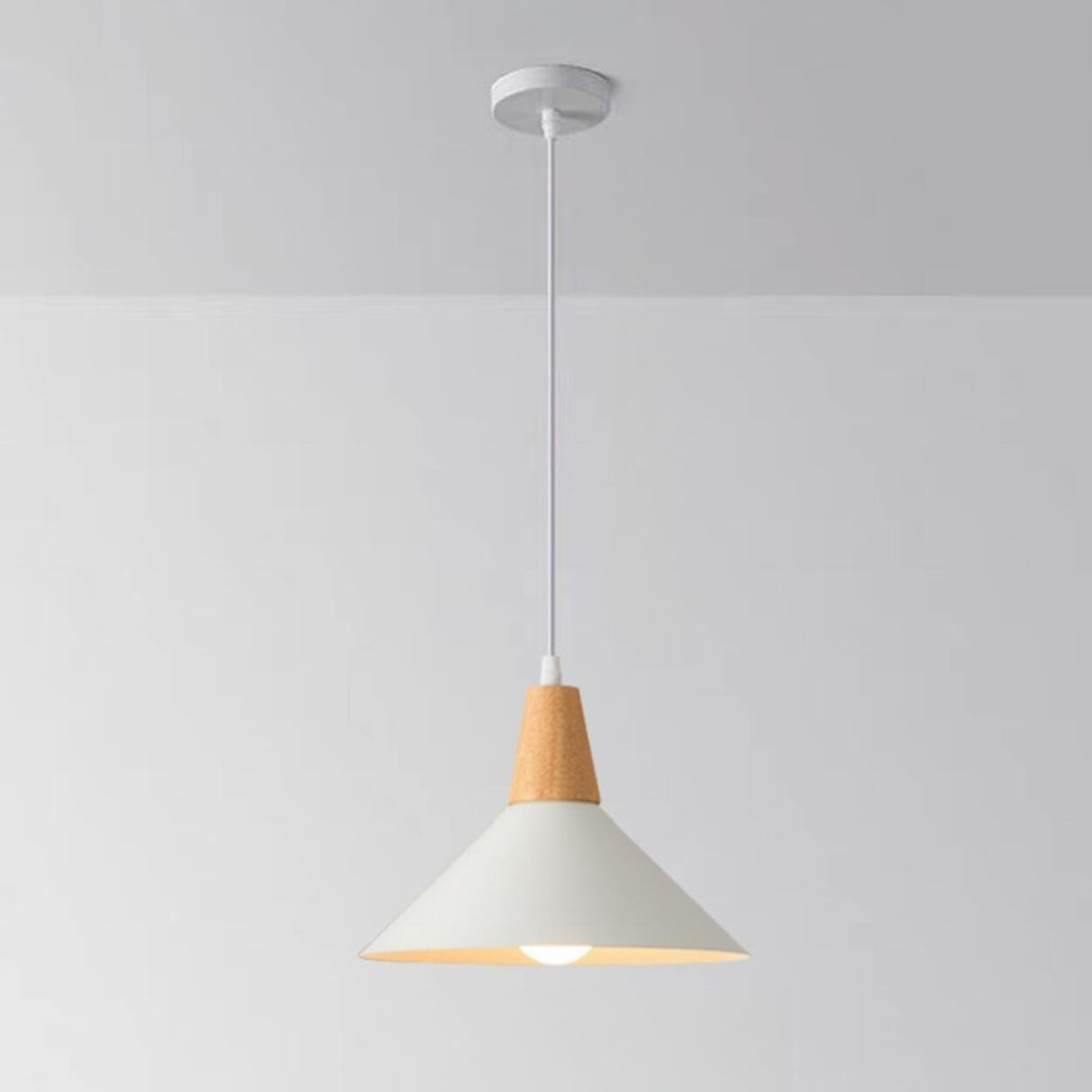 Minimalist Wood White Iron Conical Pendant Light Image - 2