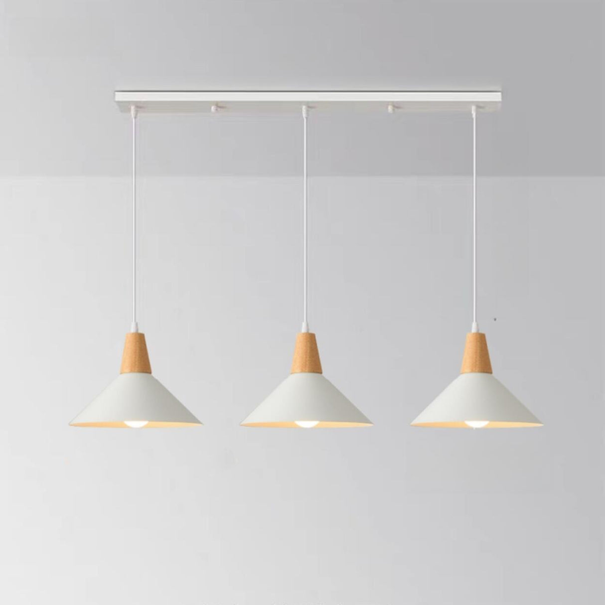 Minimalist Wood White Iron Conical Pendant Light Image - 3