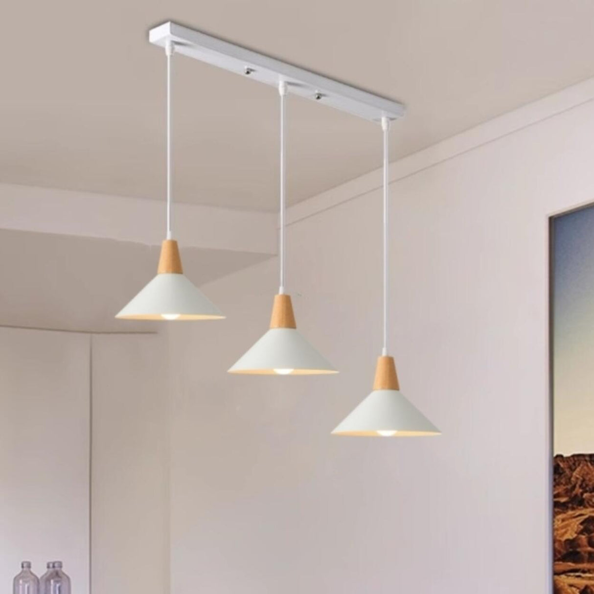 Minimalist Wood White Iron Conical Pendant Light Image - 4