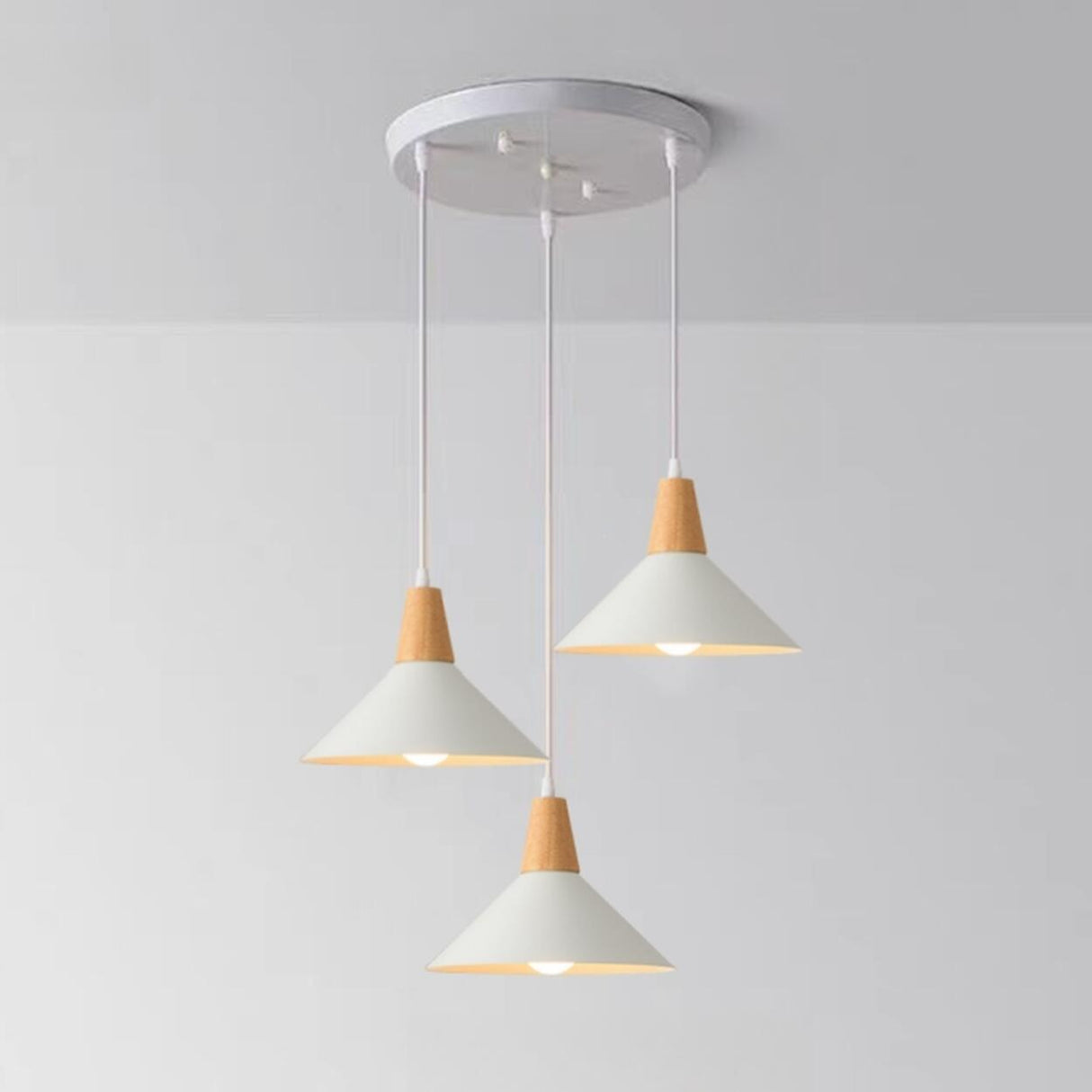 Minimalist Wood White Iron Conical Pendant Light Image - 5