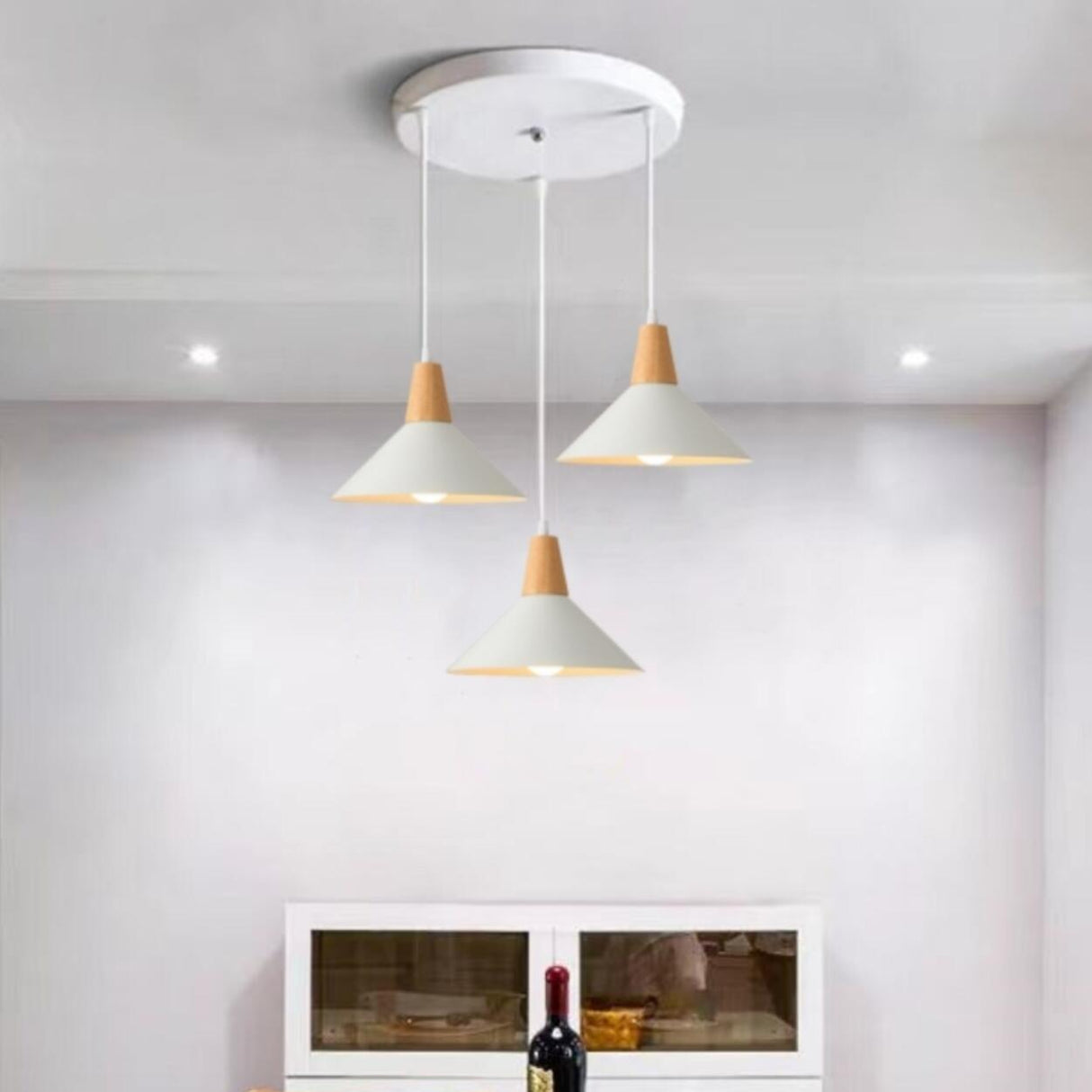 Minimalist Wood White Iron Conical Pendant Light Image - 6