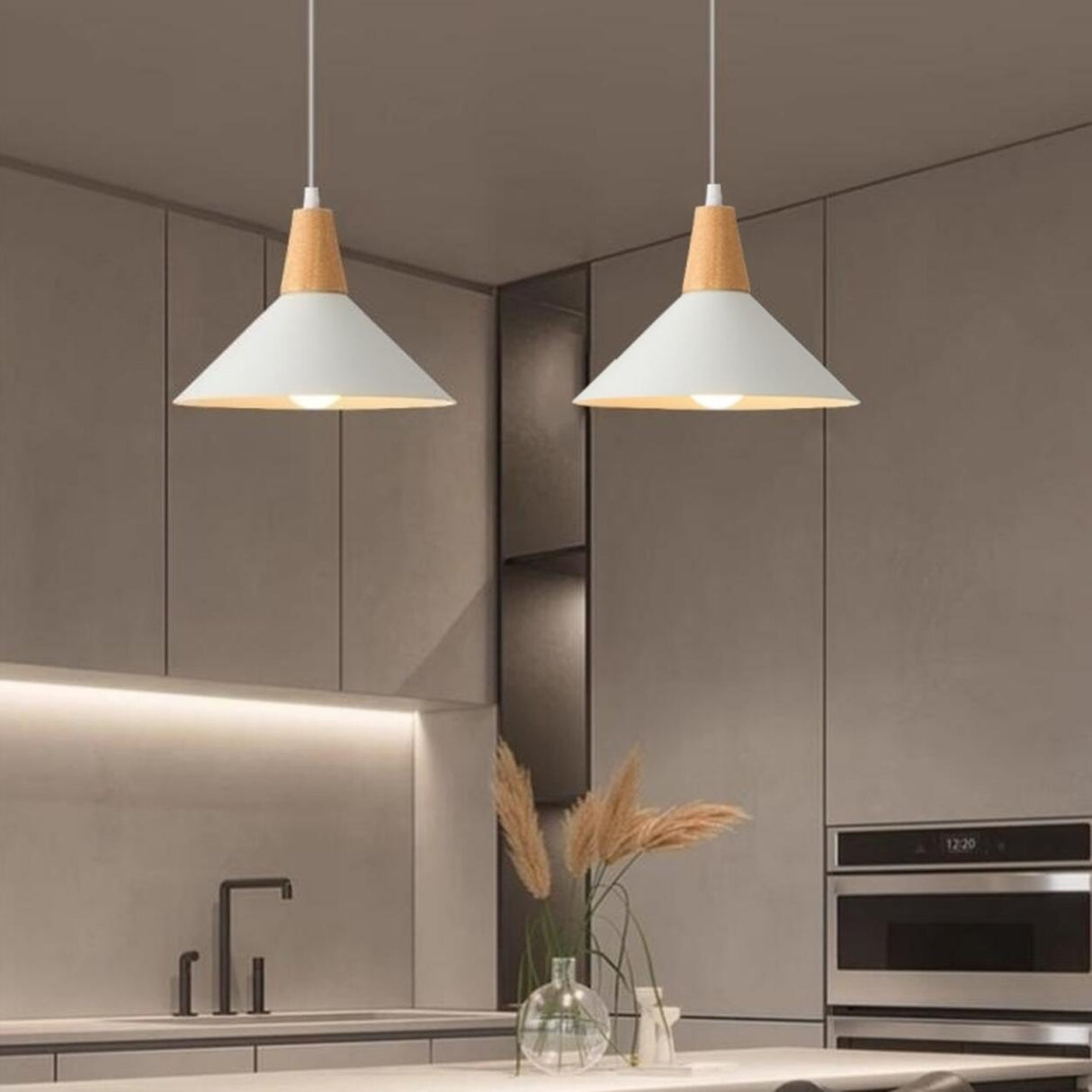 Minimalist Wood White Iron Conical Pendant Light Image - 7