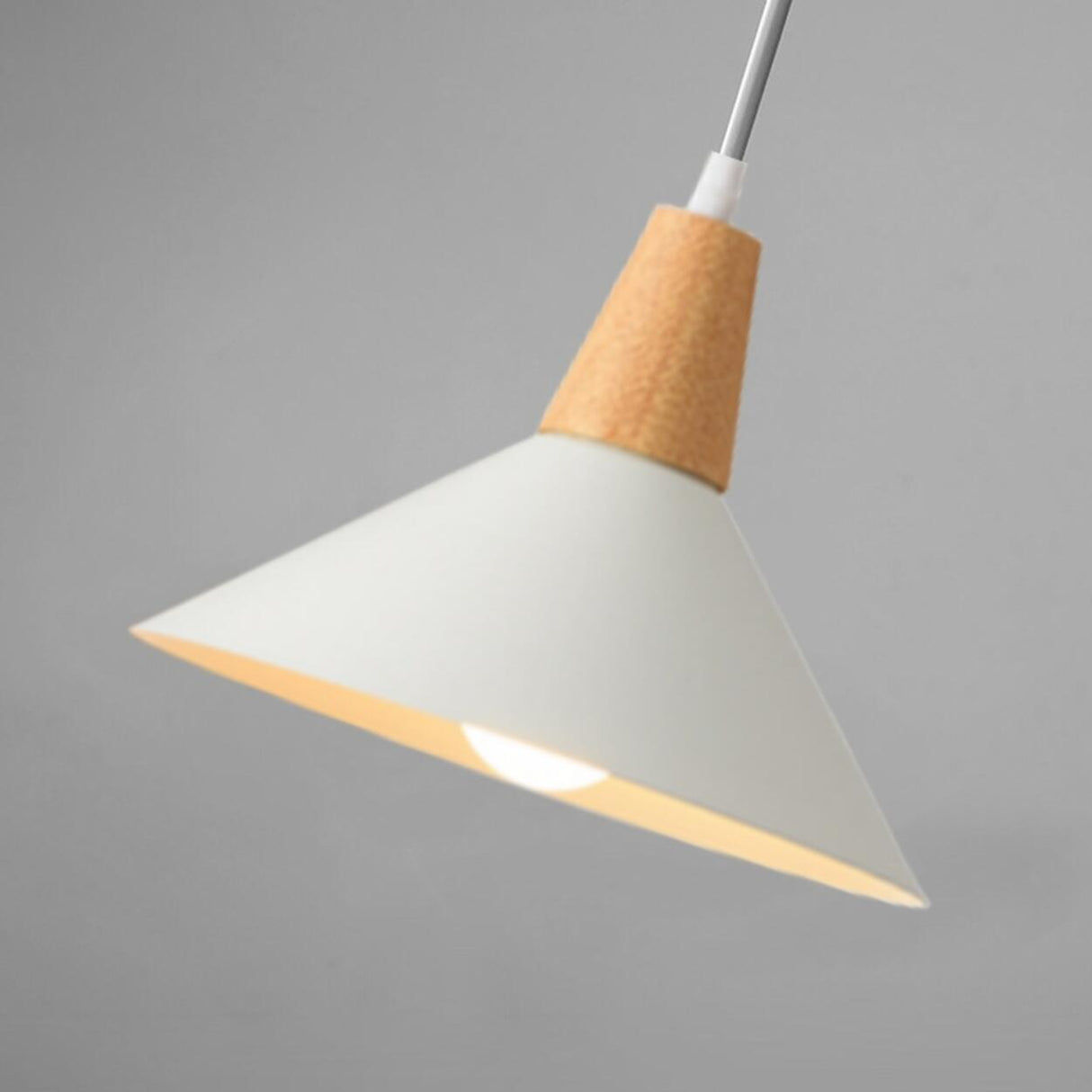 Minimalist Wood White Iron Conical Pendant Light Image - 8