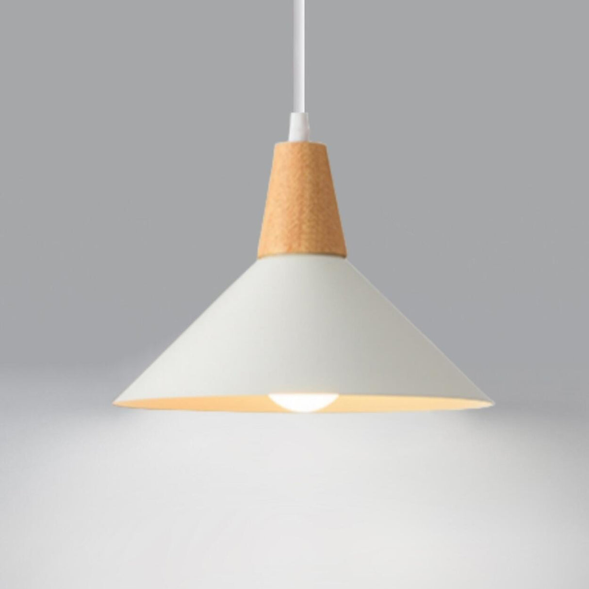 Minimalist Wood White Iron Conical Pendant Light Image - 9
