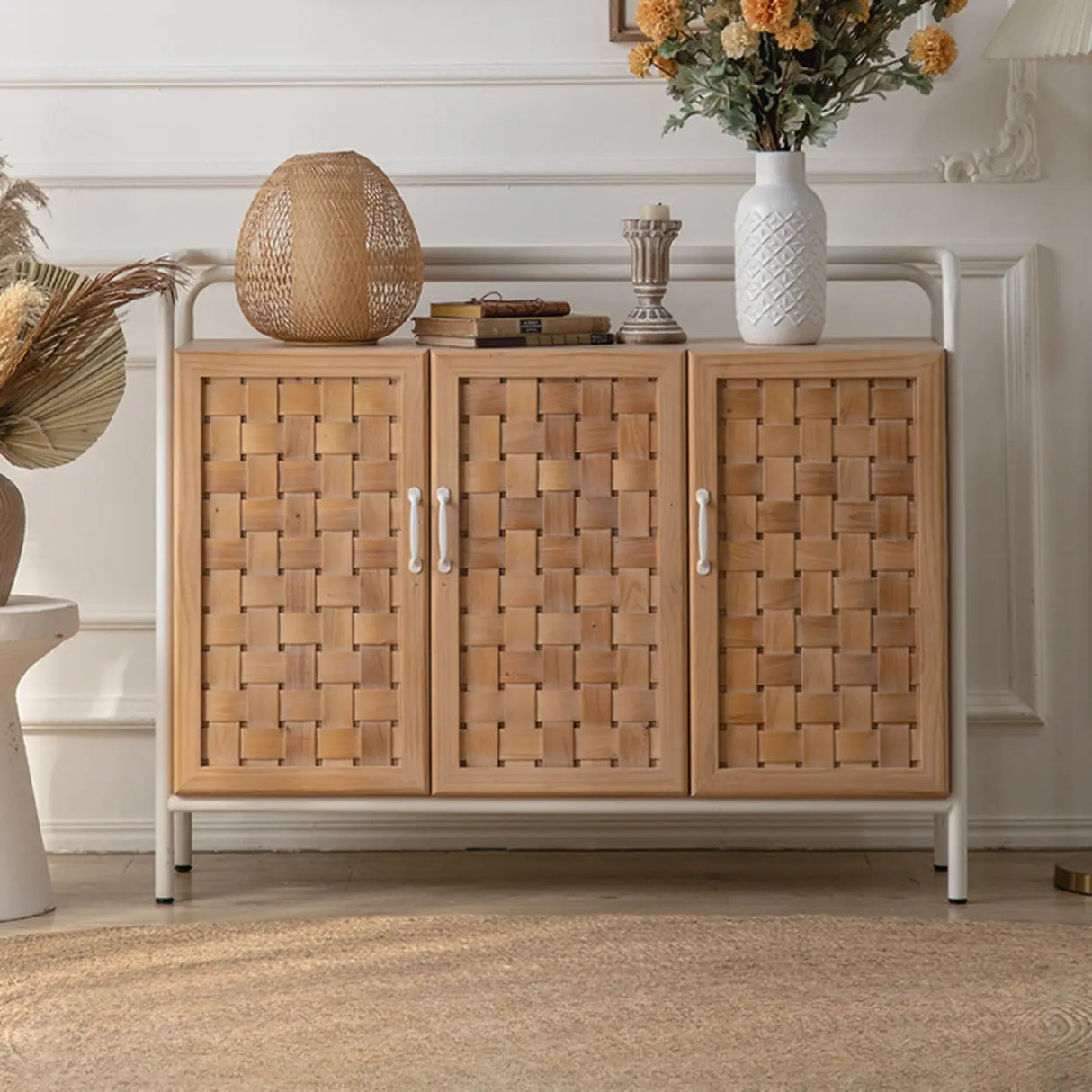 Minimalist Woven Wood Cabinets Natural Buffet with Shelves Image - 2