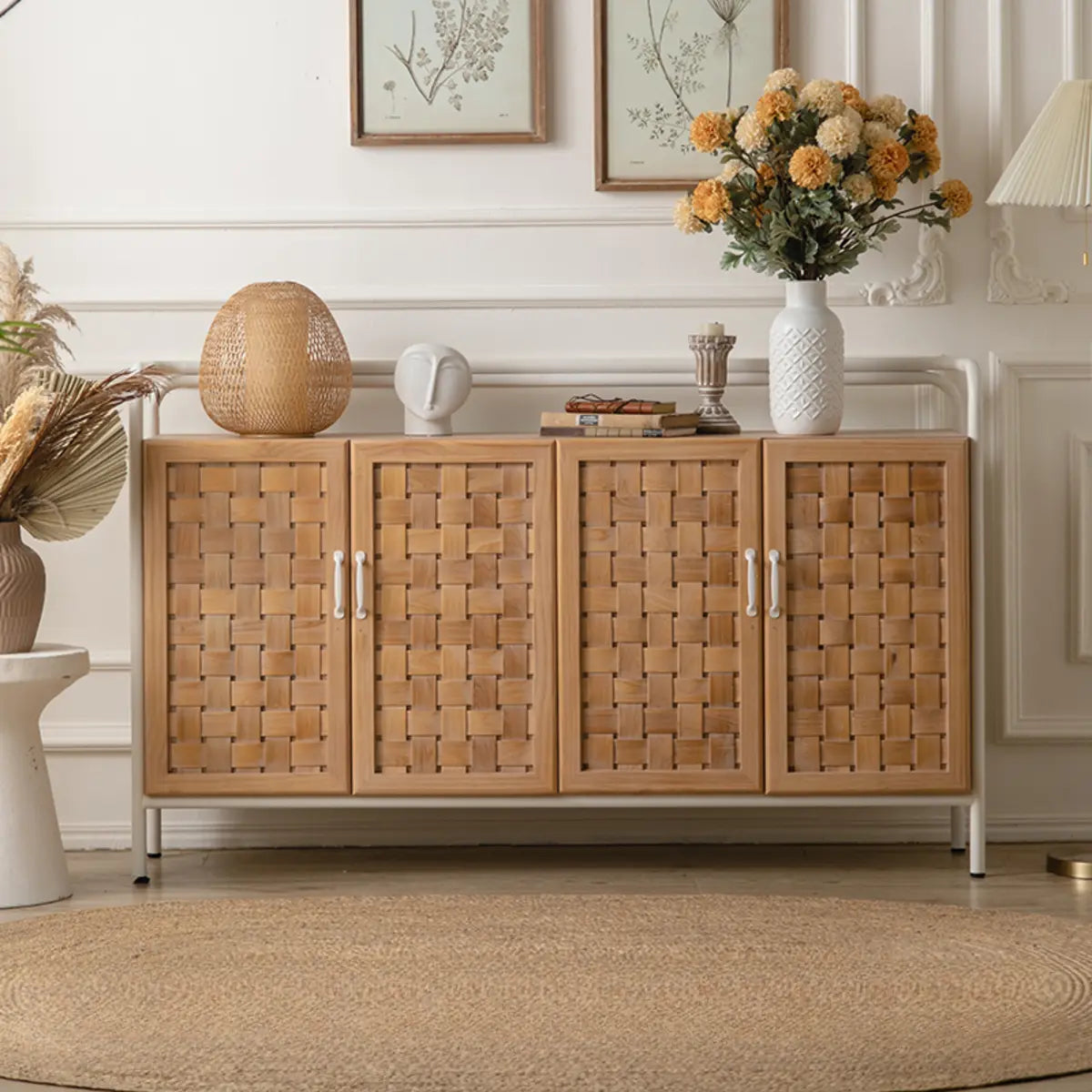 Minimalist Woven Wood Cabinets Natural Buffet with Shelves Image - 3