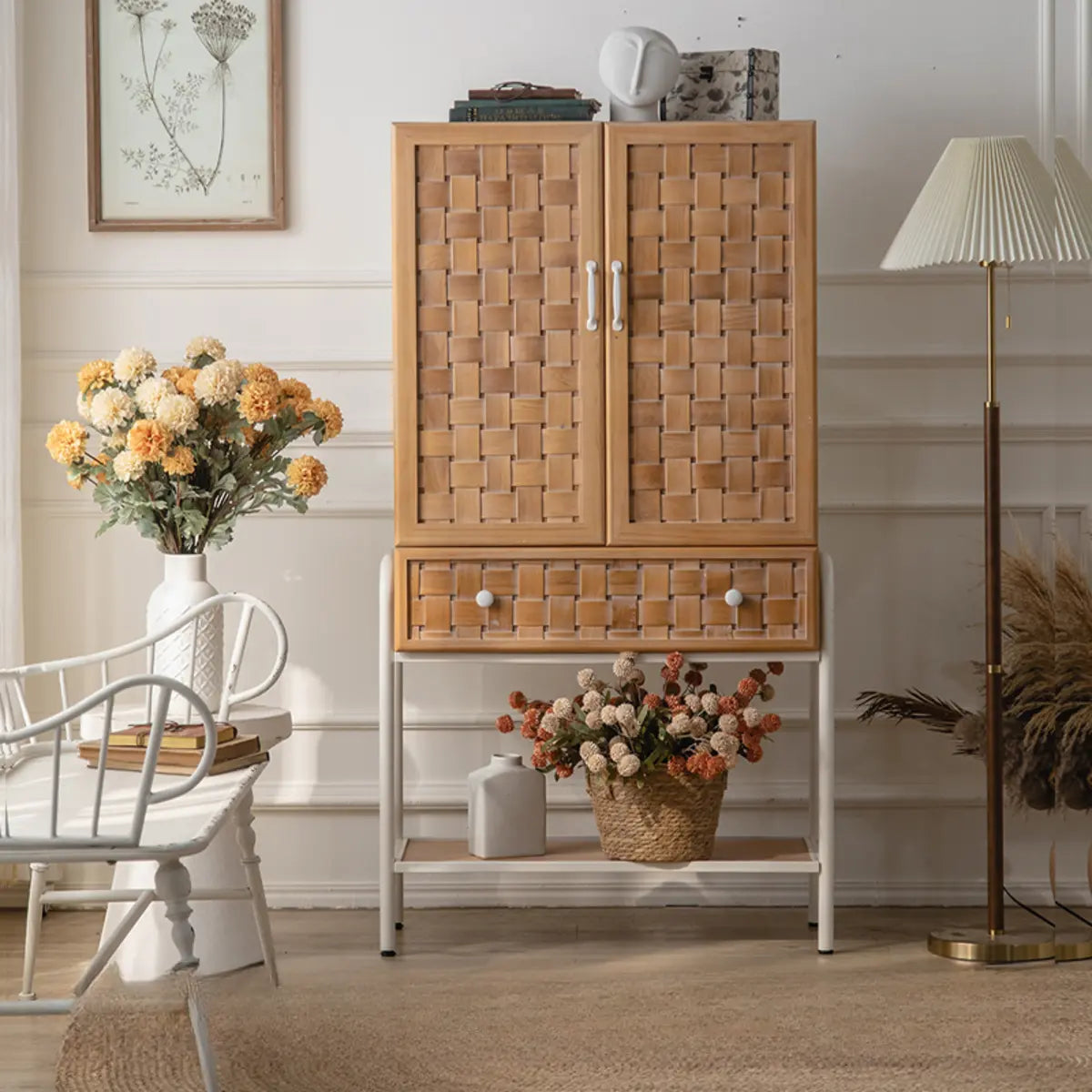 Minimalist Woven Wood Cabinets Natural Buffet with Shelves Image - 4