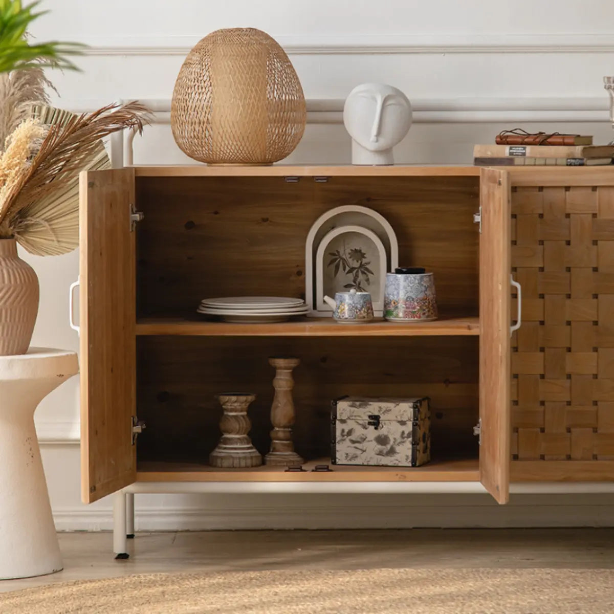 Minimalist Woven Wood Cabinets Natural Buffet with Shelves Image - 5