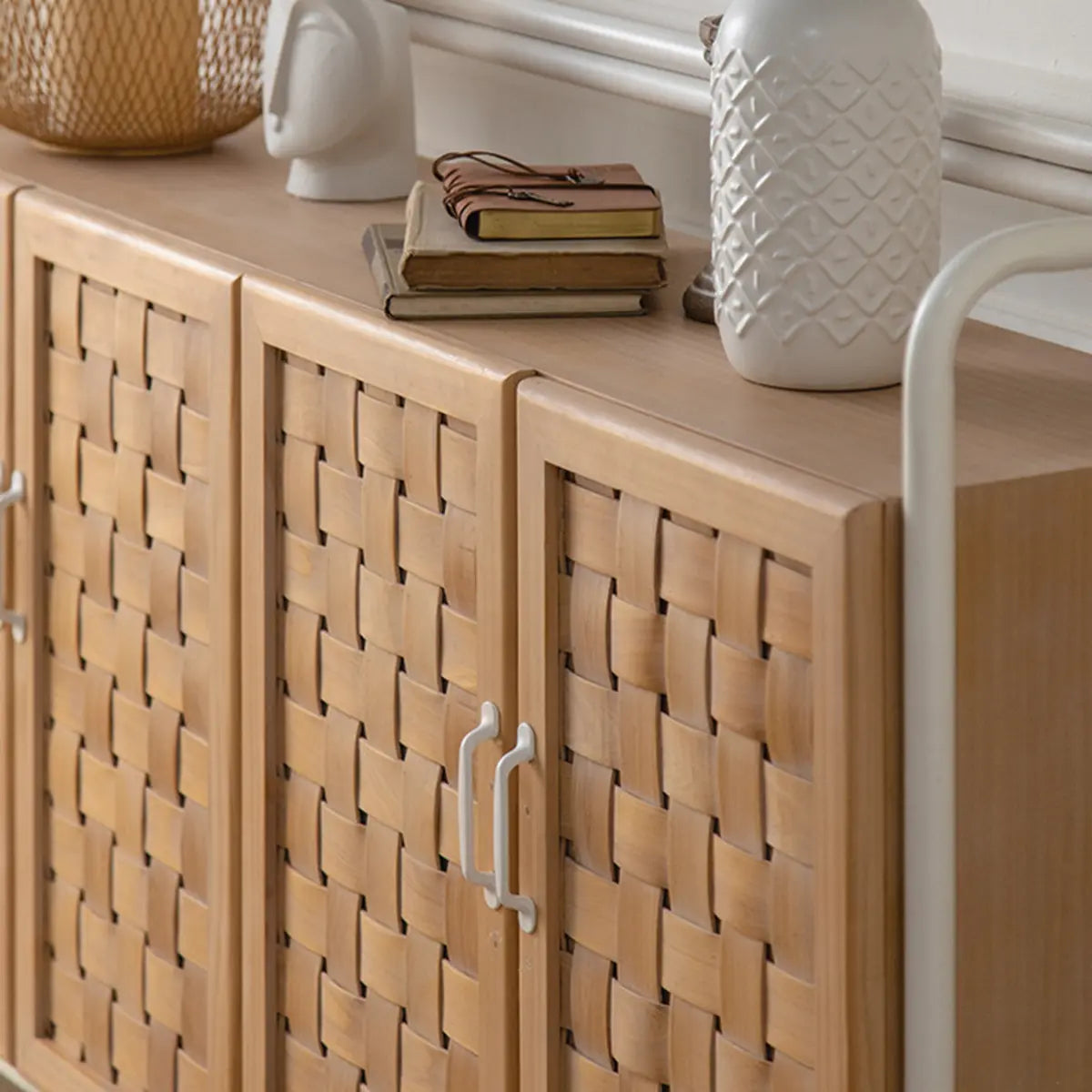 Minimalist Woven Wood Cabinets Natural Buffet with Shelves Image - 7