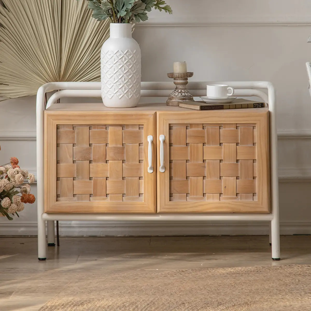 Minimalist Woven Wood Cabinets Natural Buffet with Shelves Image - 8