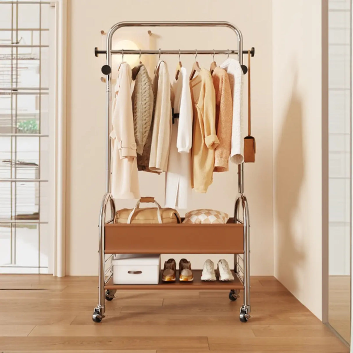 Mobile Metal Freestanding Basket Coat Rack with Shelves Image - 11