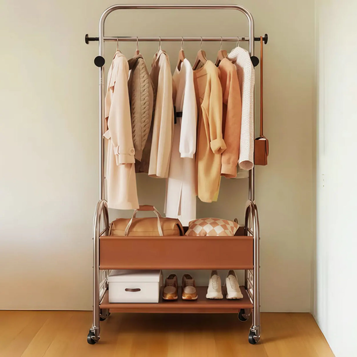 Mobile Metal Freestanding Basket Coat Rack with Shelves Image - 1