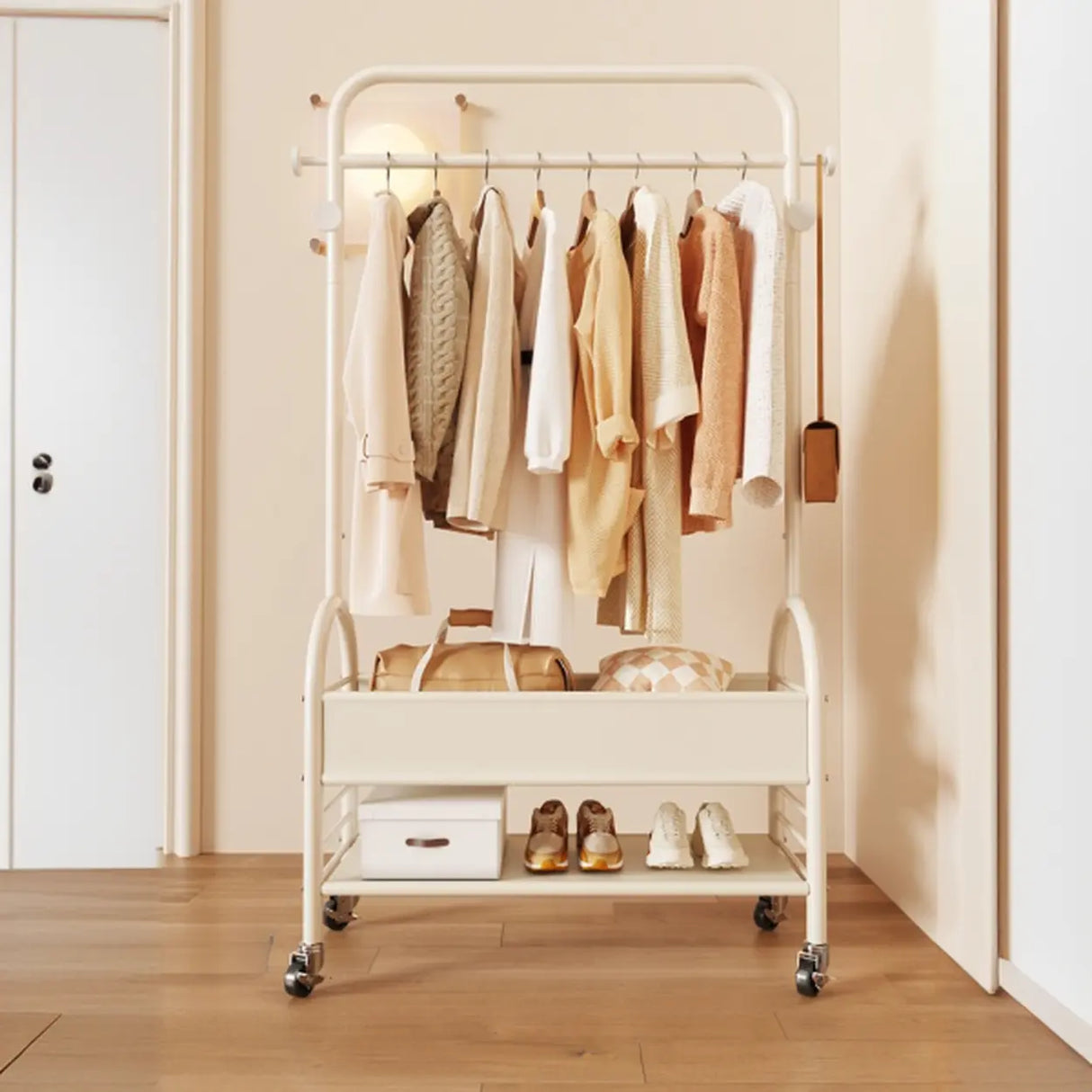 Mobile Metal Freestanding Basket Coat Rack with Shelves Image - 2