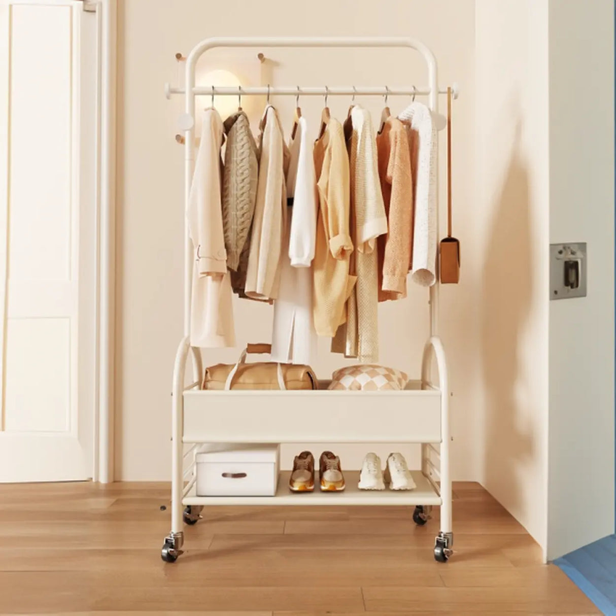 Mobile Metal Freestanding Basket Coat Rack with Shelves Image - 3