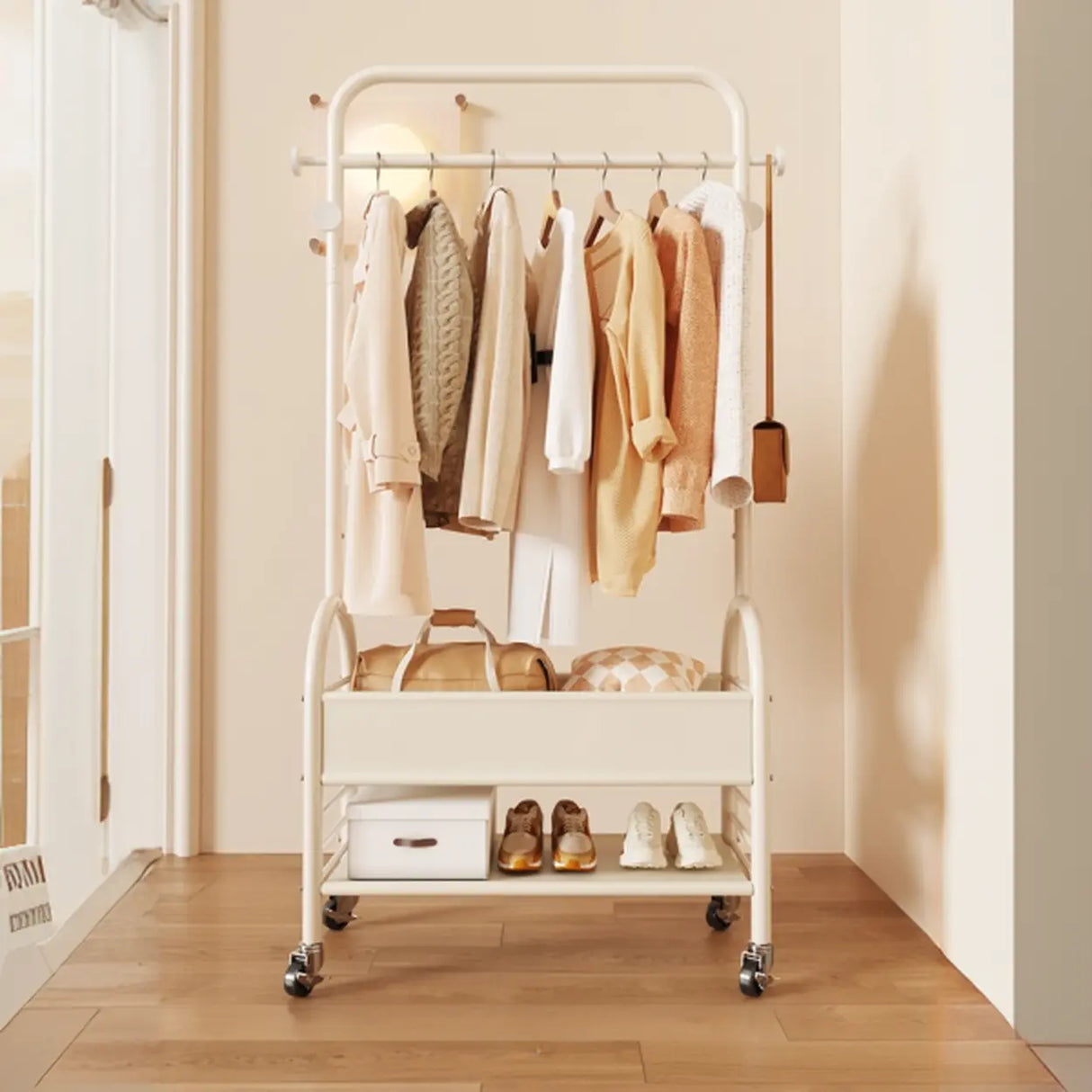 Mobile Metal Freestanding Basket Coat Rack with Shelves Image - 5